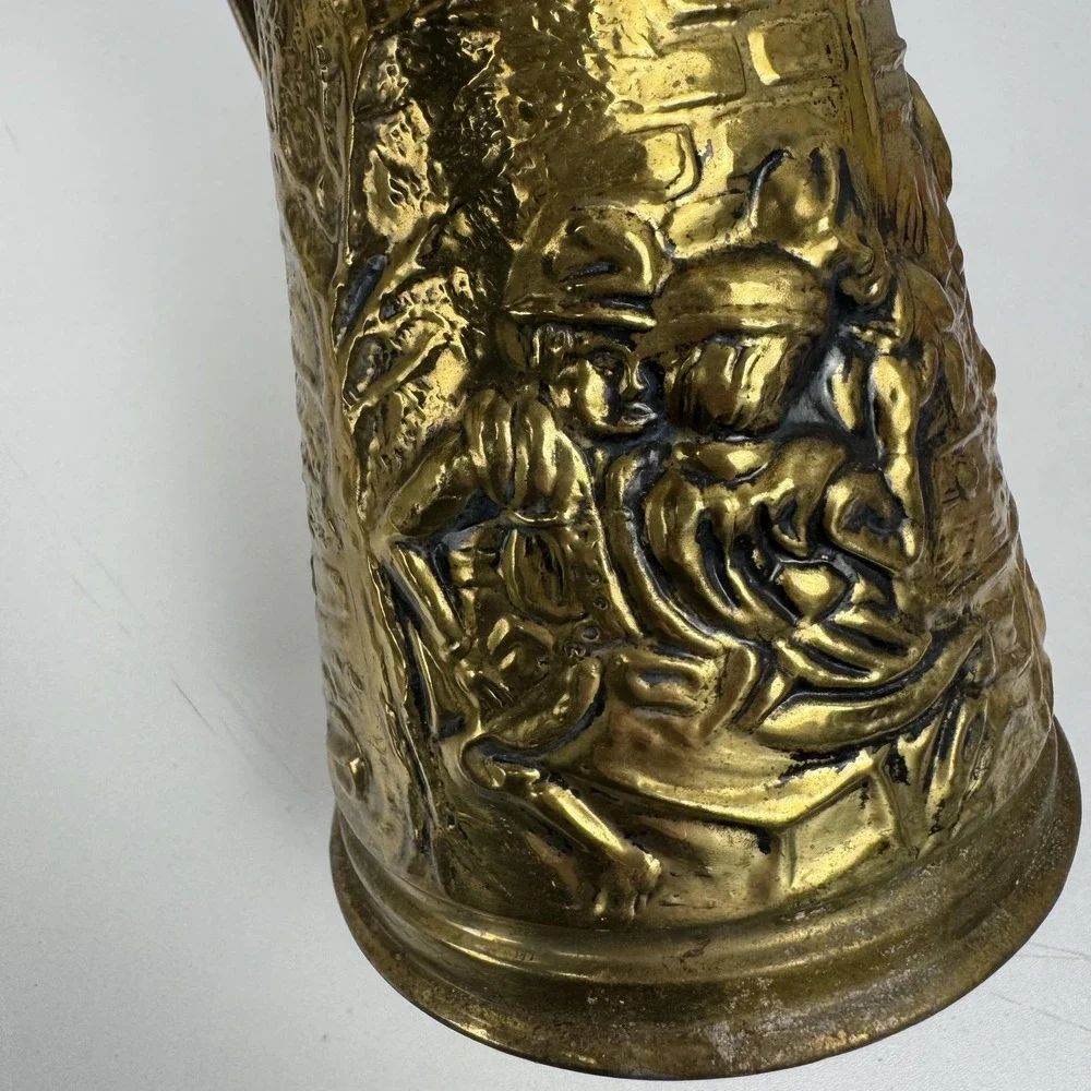Vintage Brass Water Pitcher Jug Embossed Tavern Scene Made In Holland Decor‎